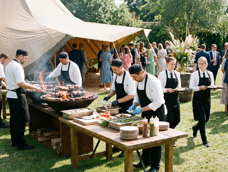 Equipo de Maximo Grupo trabajando en un catering al aire libre