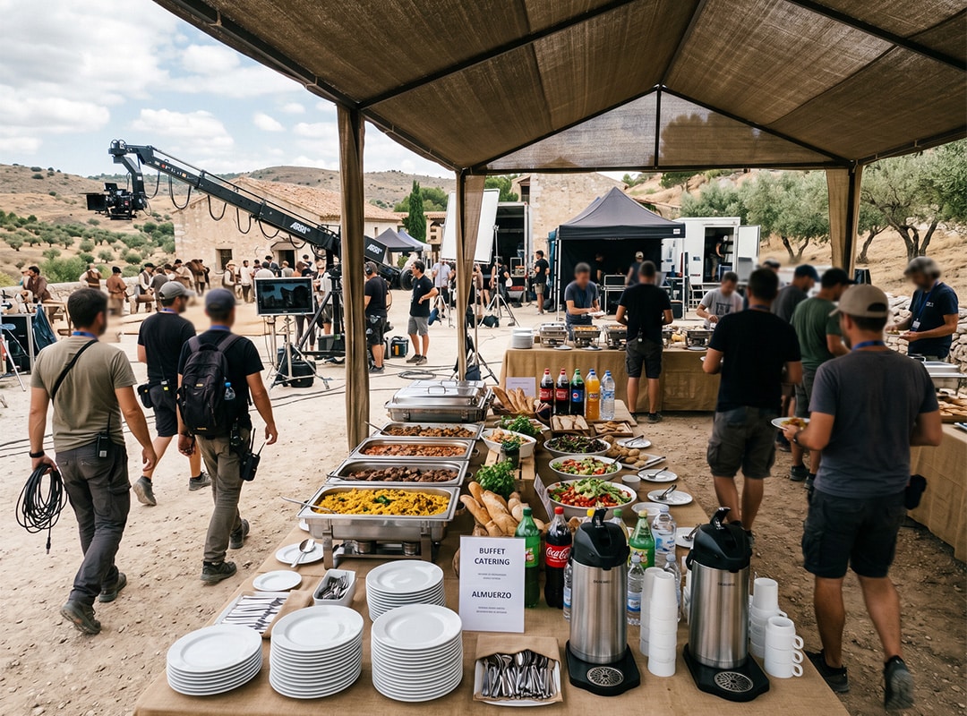 Catering preparado para un equipo de rodaje de un programa de televisión en España
